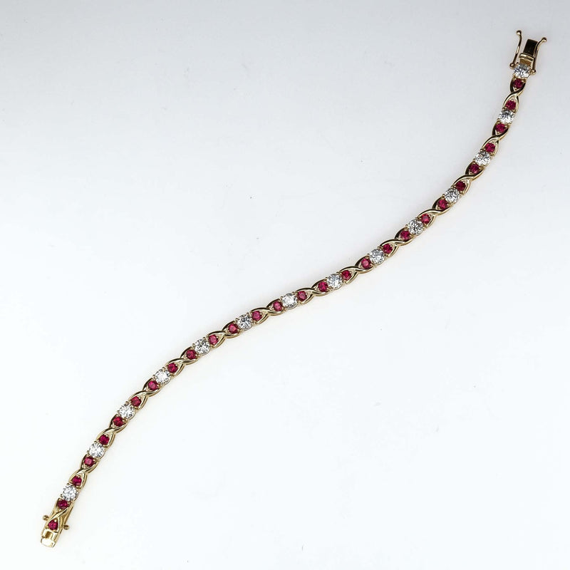 Cubic Zirconia and Red Spinel "X"Link Tennis Bracelet is 14K Yellow Gold Bracelets Oaks Jewelry 