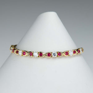 Cubic Zirconia and Red Spinel "X"Link Tennis Bracelet is 14K Yellow Gold Bracelets Oaks Jewelry 