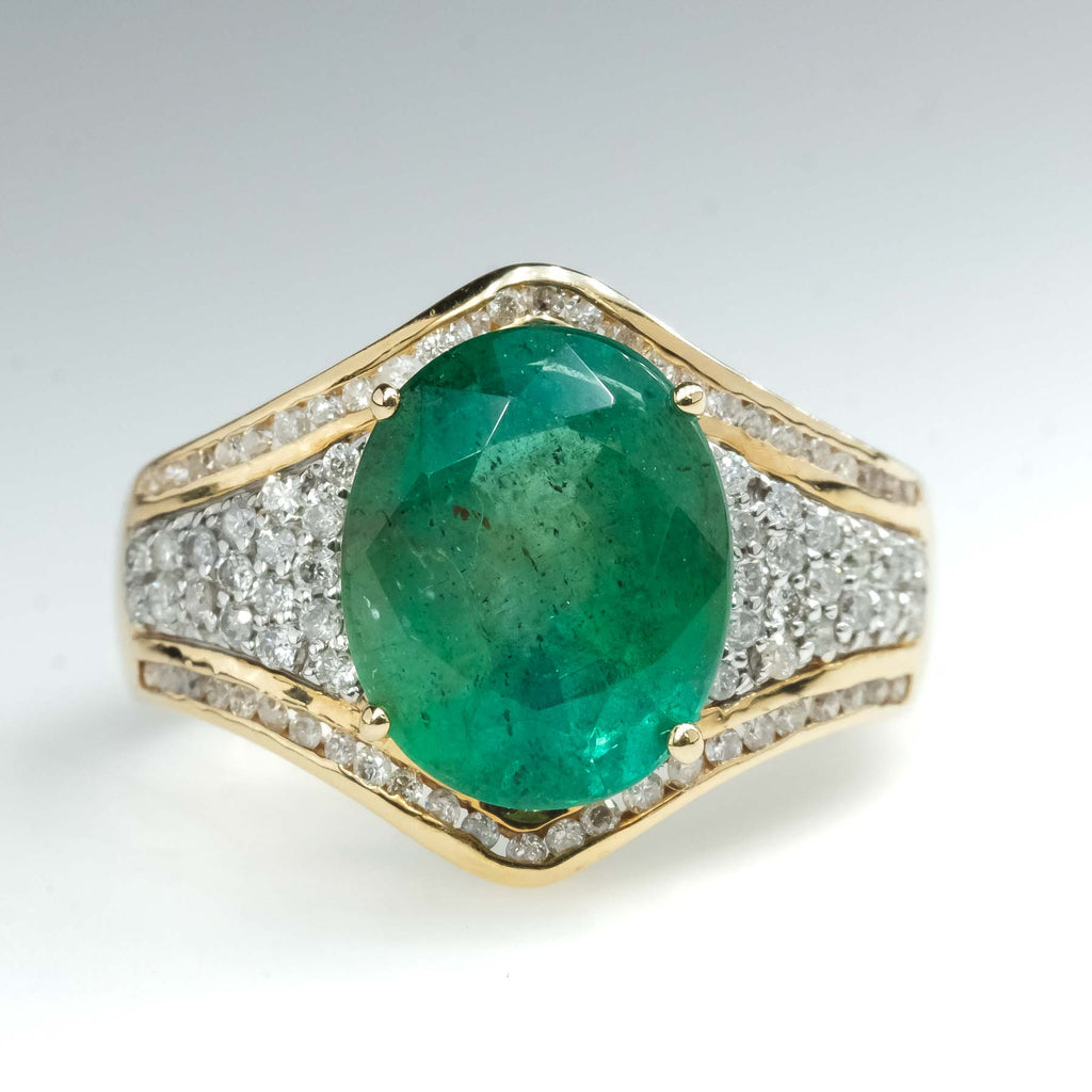 3.67ct Oval Natural Emerald and Diamond Accented Ring in 14K Yellow Gold