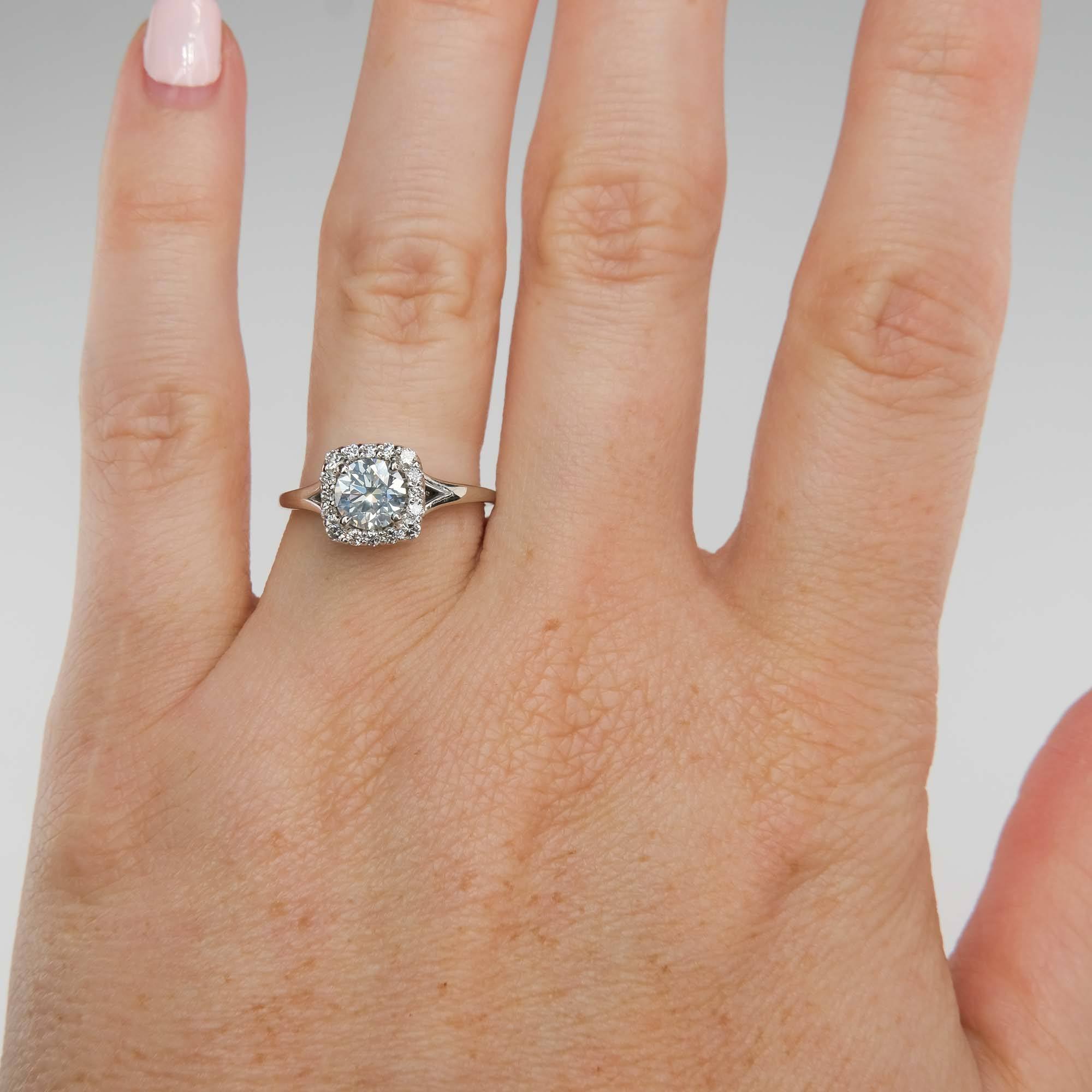 Round halo engagement ring, diamond alternative ring, unique