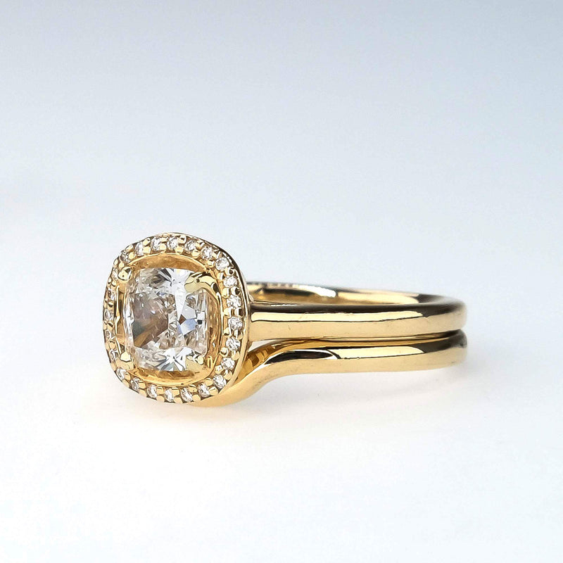 GIA 1.01ct VS1/F Cushion Diamond Halo Bridal Set in 14K Yellow Gold Bridal Sets Oaks Jewelry 