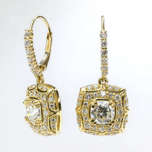 GIA 2.17ctw Round Diamond Accented Halo Dangle Earrings in 14K Yellow Gold Earrings Oaks Jewelry 