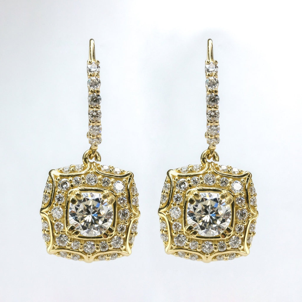 GIA 2.17ctw Round Diamond Accented Halo Dangle Earrings in 14K Yellow Gold Earrings Oaks Jewelry 