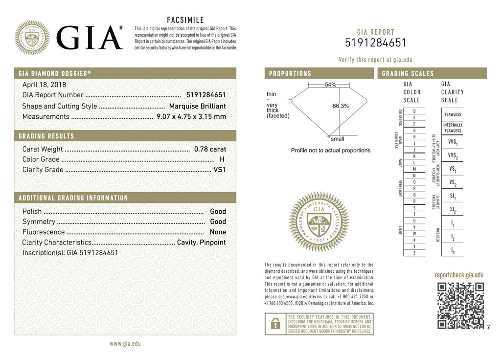 GIA Certified Marquise Brilliant 0.78ct Diamond VS1/H Loose Diamonds Oaks Jewelry 