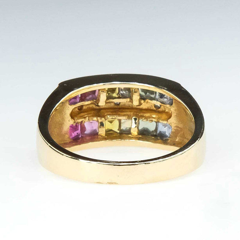 Multi Colored Sapphire & Diamond Wide Ring in 14K Yellow Gold Gemstone Rings Oaks Jewelry 