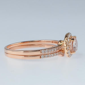New 14K Rose Gold 1.00ct Morganite & Diamond Accented Halo East West Bridal Set Bridal Sets Oaks Jewelry 