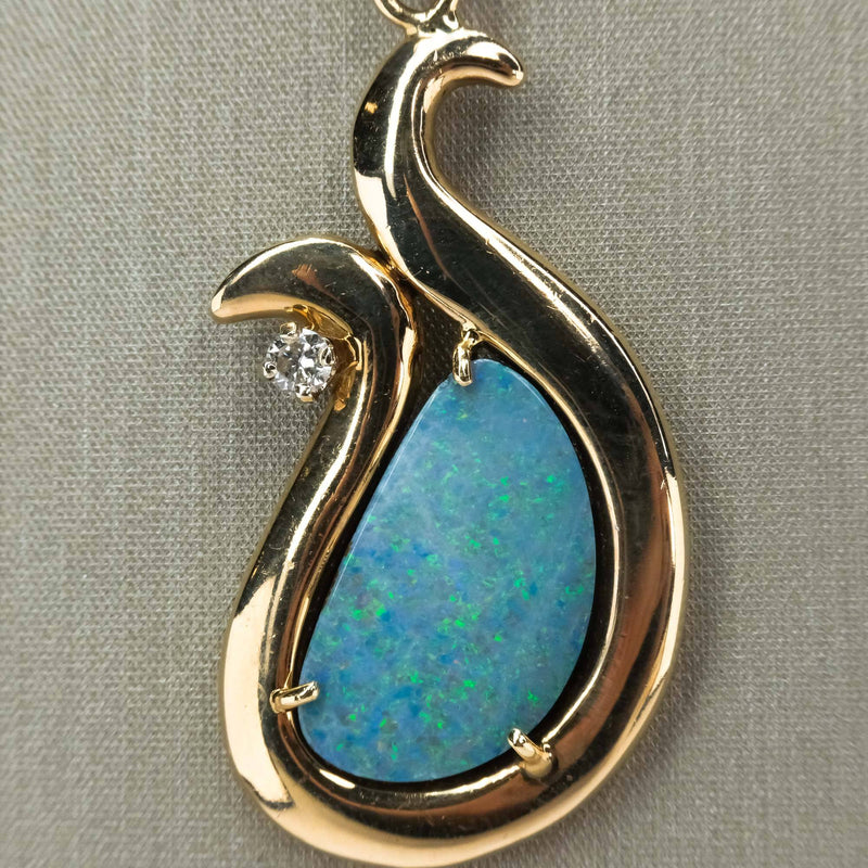 Opal & Diamond Freeform Pendant on 16" Reversible Omega Chain in 14K Gold Pendants with Chains Oaks Jewelry 