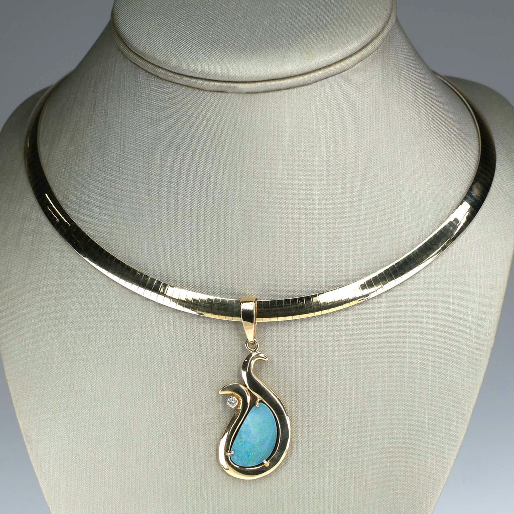 Opal & Diamond Freeform Pendant on 16" Reversible Omega Chain in 14K Gold Pendants with Chains Oaks Jewelry 