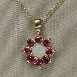 Opal with Spinel Halo Pendant on 18" Cable Chain in 14K Yellow Gold Pendants with Chains Oaks Jewelry 