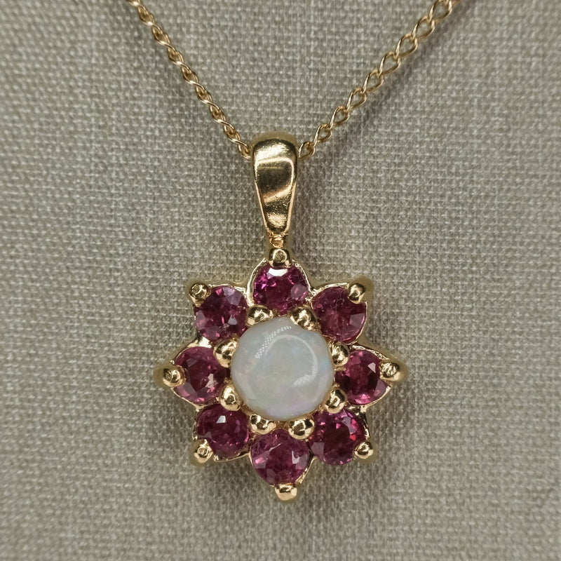 Opal with Spinel Halo Pendant on 18" Cable Chain in 14K Yellow Gold Pendants with Chains Oaks Jewelry 
