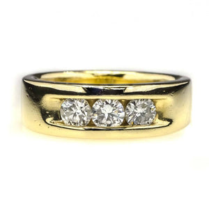 Round Diamond Three Stone Men's Ring 0.75ctw in 14K Yellow Gold Diamond Rings Oaks Jewelry 