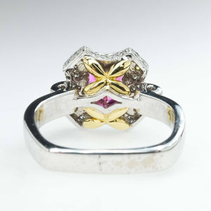 Ruby & Diamond Accented Halo Ring in 18K Two Tone Gold Gemstone Rings Oaks Jewelry 