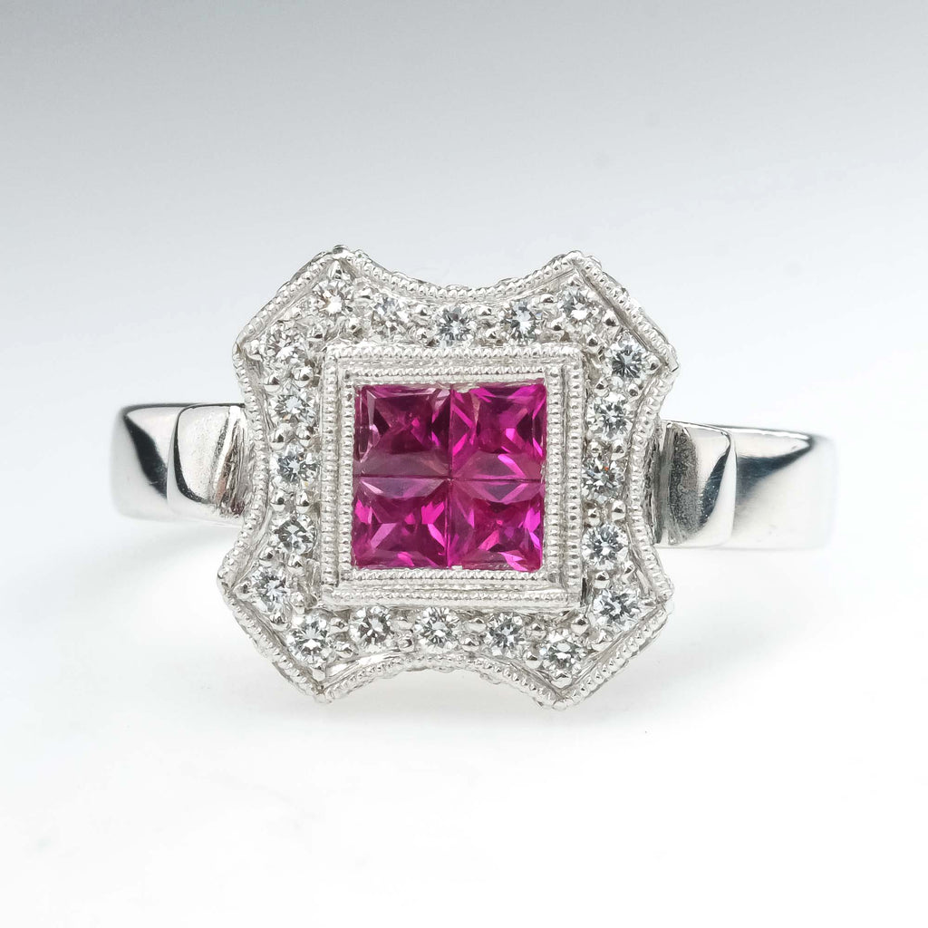 Ruby & Diamond Accented Halo Ring in 18K Two Tone Gold Gemstone Rings Oaks Jewelry 