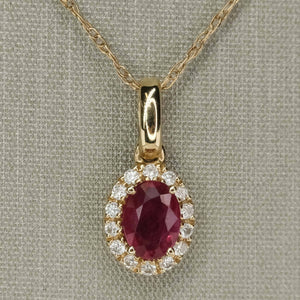 Ruby & Diamond Accented Oval Halo Pendant on 18" Chain Necklace in 10/14K Yellow Gold Pendants with Chains Oaks Jewelry 