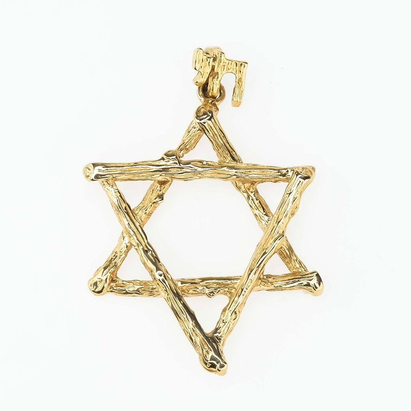 Textured Tree Branch Star of David with Chai Bail Pendant in 14K Yellow Gold Pendants Oaks Jewelry 