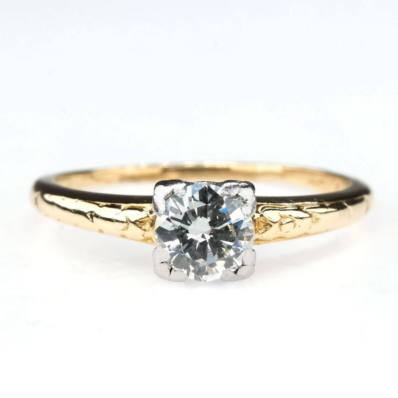 Vintage Round 0.45ct Diamond Solitaire Etched Engagement Ring in 14K Yellow Gold Engagement Rings Oaks Jewelry 